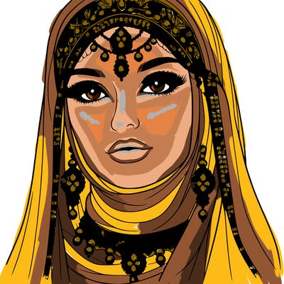 realistic woman with a veil covering her hair and mouth, muslim. the veil contains details with jewels. she has beautiful jewelry.