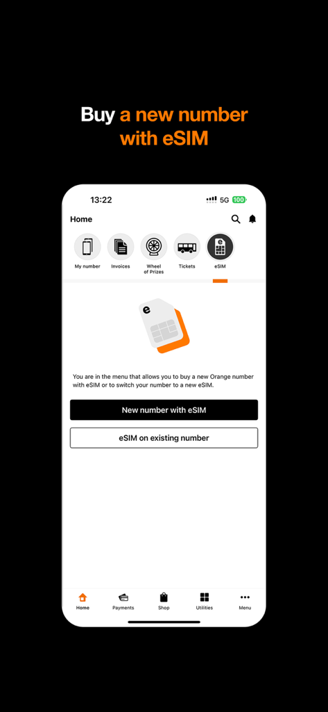 My Orange Moldova - The eSIM setup page in the My Orange Moldova app allowing users to buy a new number.