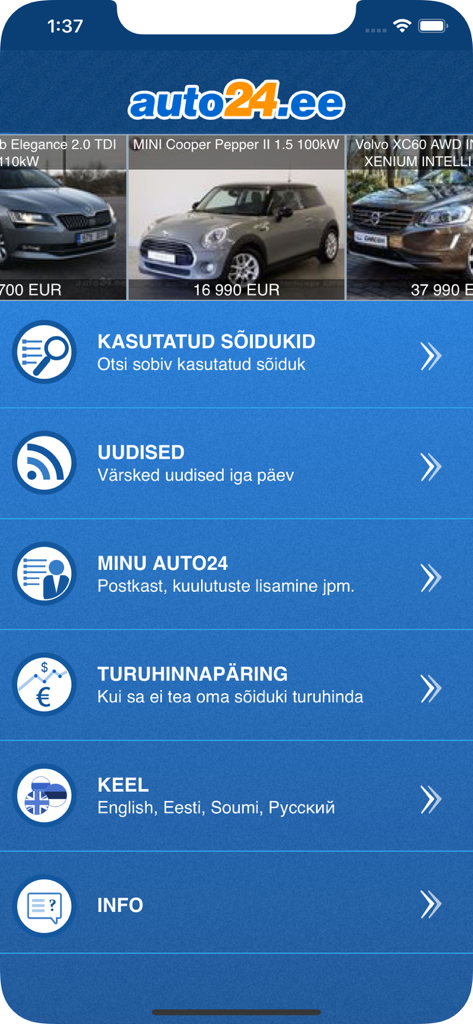 Auto24.ee - Home screen of the Auto24.ee mobile app showing car listings and automotive marketplace menu options.