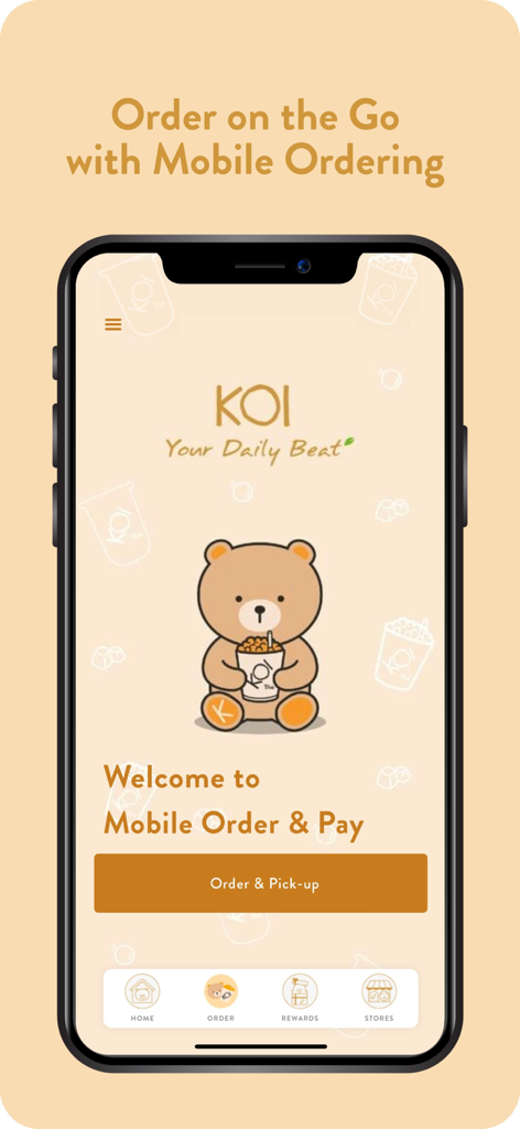 KOI Thé Singapore app home screen featuring a cartoon bear drinking bubble tea and a mobile order and pay button.