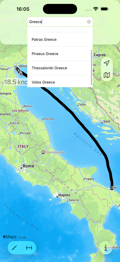 Cruise Nav - Map view of the Cruise Nav app showing a cruise ship route from Venice to Bari with a port search dropdown menu for Greece.