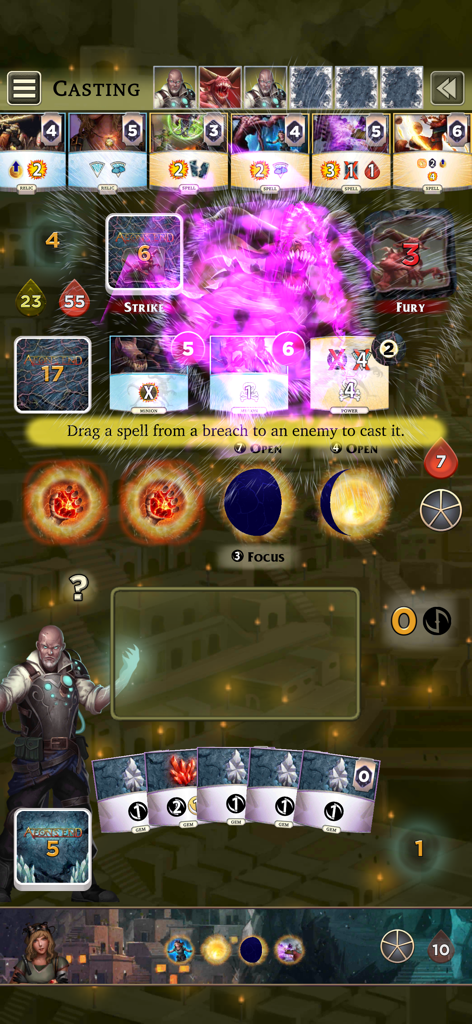 Digital board game interface for Aeon's End showing a mage casting spells during a battle against a nemesis.