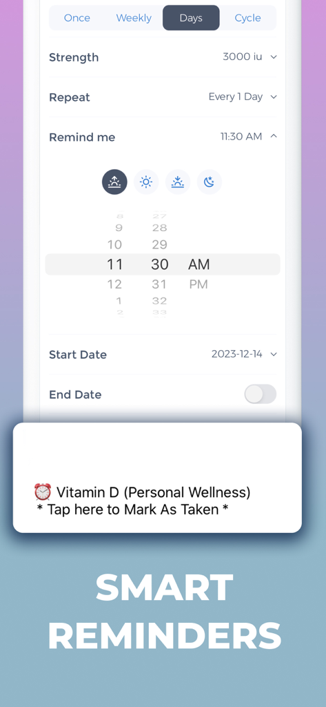 BPD Tracker - Interface for setting up smart medication and supplement reminders in the Bravita BPD Tracker app