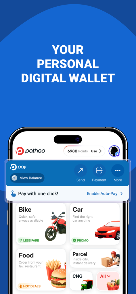 A smartphone screen showing the Pathao app interface with digital wallet and service options like bike rides and food delivery.