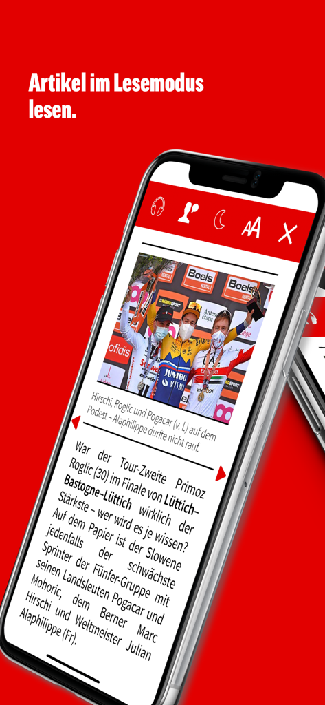 Um smartphone mostrando um artigo de notícias no modo de leitura dentro do aplicativo Blick E-Paper com ícones de acessibilidade e áudio.