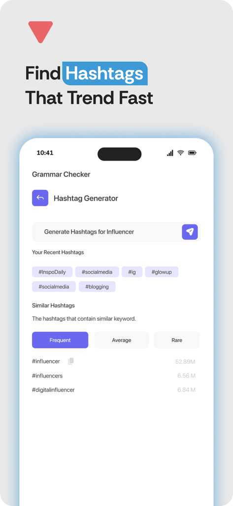 인플루언서를 위한 인기 소셜 미디어 태그를 보여주는 TurniTin 앱 내 AI 기반 해시태그 생성기 화면