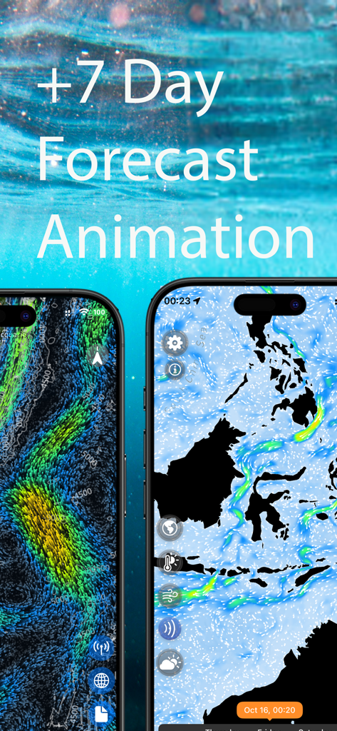 Sea Maps - Interface de l'application Sea Maps montrant une prévision marine de 7 jours avec des animations de vent et de courants océaniques.