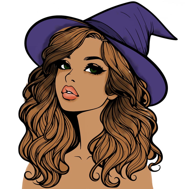 realistic witch girl with wavy hair and lips