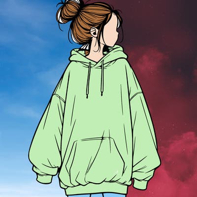 realistic girl with a oversized sweatshirt on and a bun