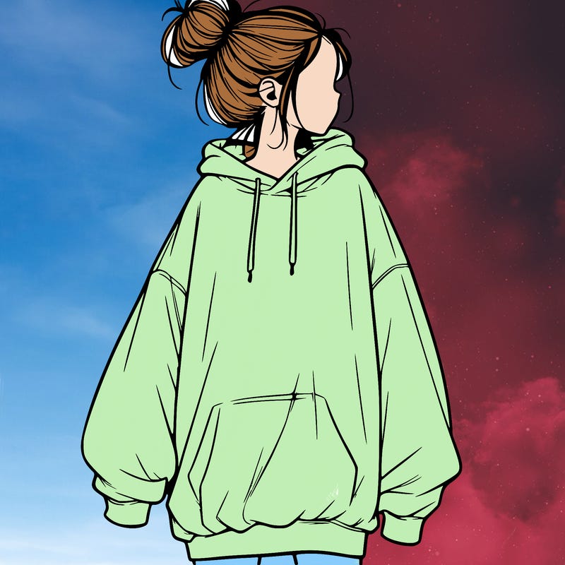 realistic girl with a oversized sweatshirt on and a bun