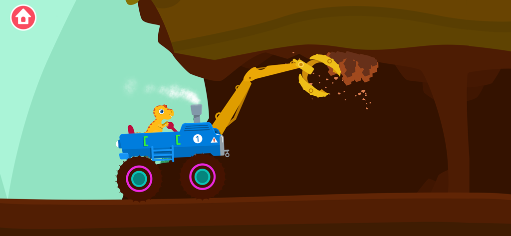 Dinosaur Digger Games for kids - A dinosaur driving a blue excavator truck and digging rocks inside a cave
