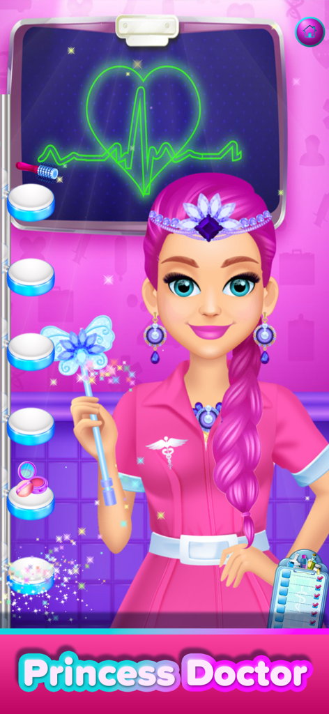 Play Toy & Pet Doctor - Personaje de princesa doctora de pelo rosa sosteniendo una varita de mariposa en una sala médica