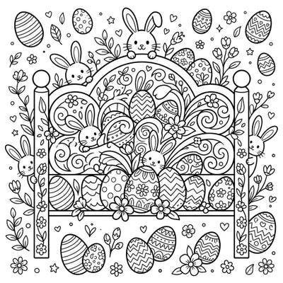 Immerse yourself in the joy of Easter with this delightful coloring page featuring a whimsical headboard overflowing with charming bunnies, beautifully patterned eggs, and fresh spring flowers. It's a perfect scene to bring to life with your favorite colors.