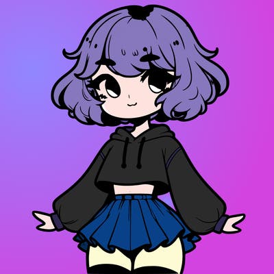 cute femboy with short, fluffy hair that softly frames their face, wearing a cropped hoodie, paired with a flouncy short skirt, and thigh-high stockings