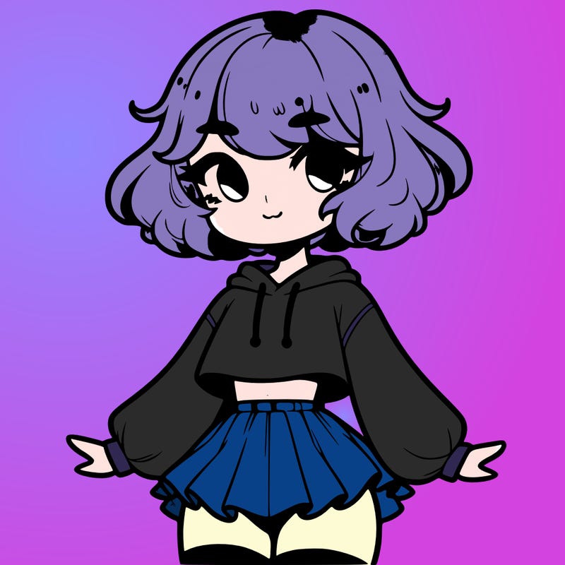 cute femboy with short, fluffy hair that softly frames their face, wearing a cropped hoodie, paired with a flouncy short skirt, and thigh-high stockings