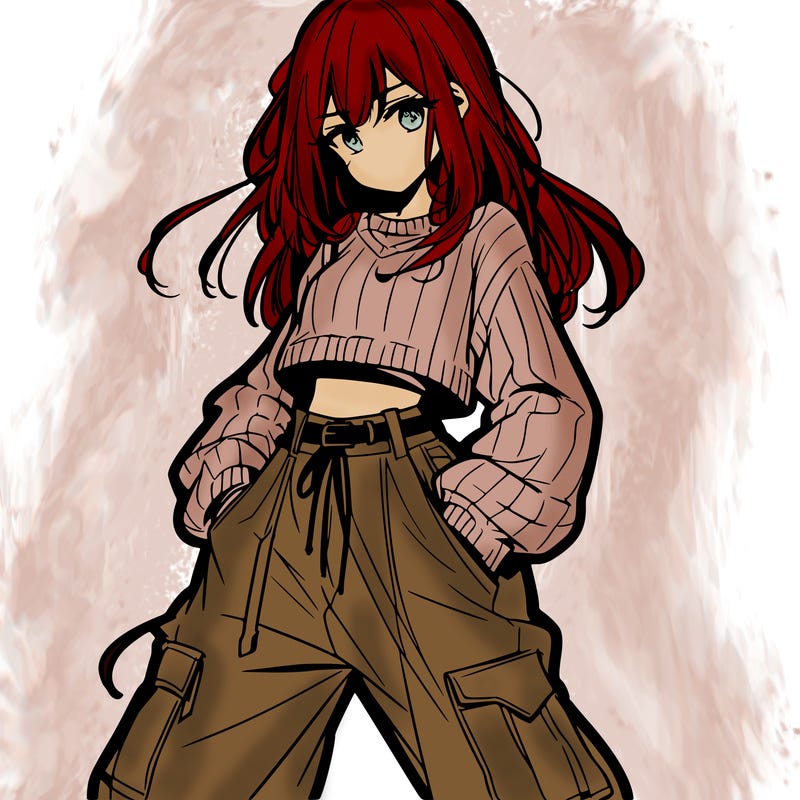anime teen girl with baggy pants and crop top with sweater