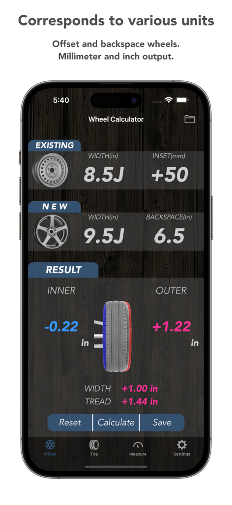 Tire Calculator (Offset&Speed) - Tire calculator app interface showing wheel offset and backspace comparison for car fitment