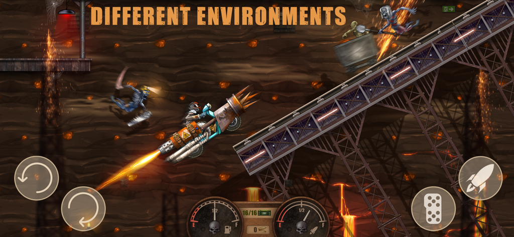 Dead Hill Racing: Zombie Climb - Weaponized motorcycle jumping over zombies in an underground mine environment.