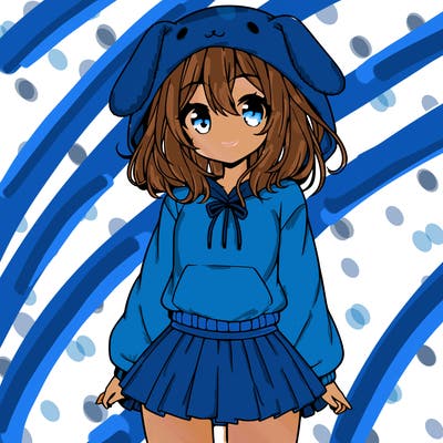 pretty anime girl wearing a fluffy hoodie with bunny ears on the hood and a skirt