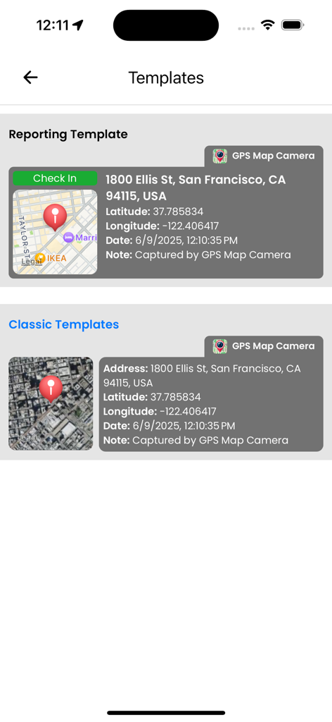 A selection of reporting and classic photo overlay templates showing GPS coordinates and map details
