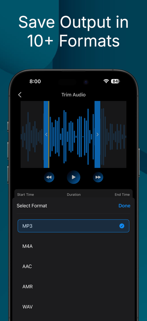 Audio Trimmer And Audio Joiner - Interfaz de la aplicación móvil que muestra el recorte de audio con una lista de formatos de salida como MP3 M4A y WAV