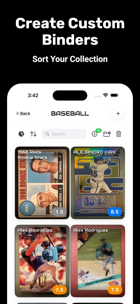 Binder AI: Card Grading Tool - Digital binder in Binder AI app showing graded baseball cards organized in a collection