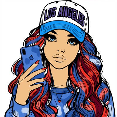 realistic beautiful girl wearing los ángeles cap holding an iphone