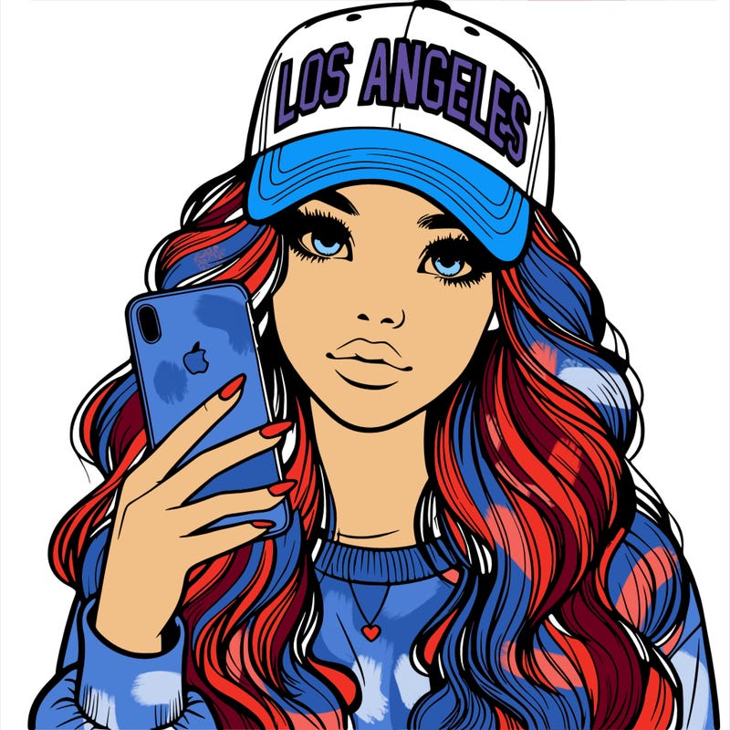 realistic beautiful girl wearing los ángeles cap holding an iphone