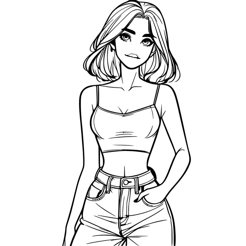 a realistic girl with a crop top and jeans