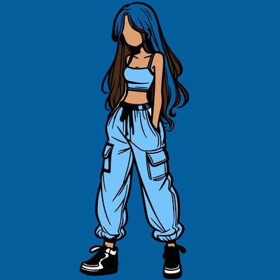 girl in baggy pants crop top and long hair
