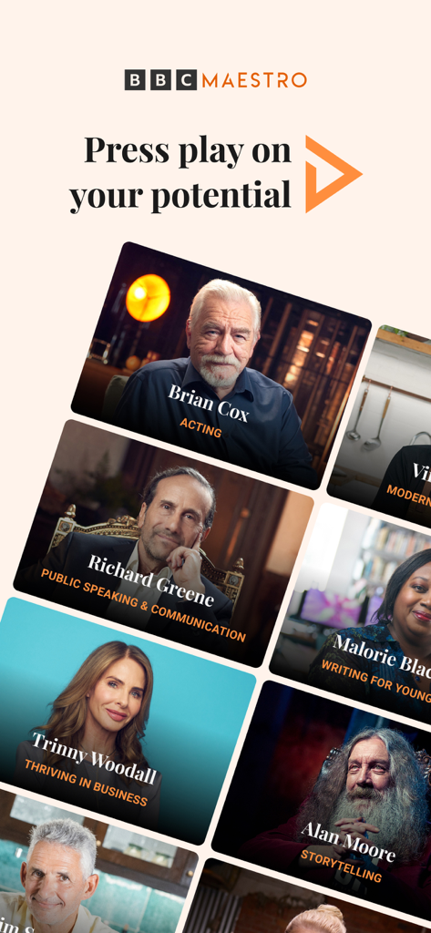 BBC Maestro: Online Courses - BBC Maestro app screen displaying various online courses taught by world-renowned experts like Brian Cox and Trinny Woodall.