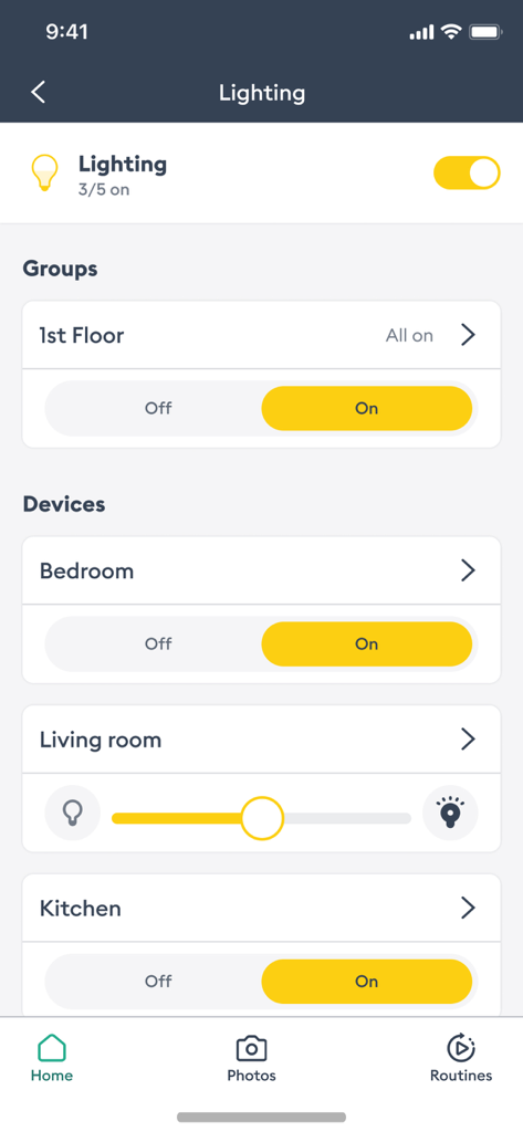 Interface de controle de iluminação do aplicativo Tydom para diferentes cômodos