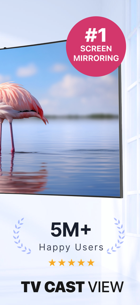 Promotional graphic for TV Cast View screen mirroring app showing five million users and five star rating
