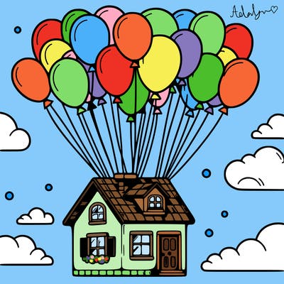 house floating from lots of balloons