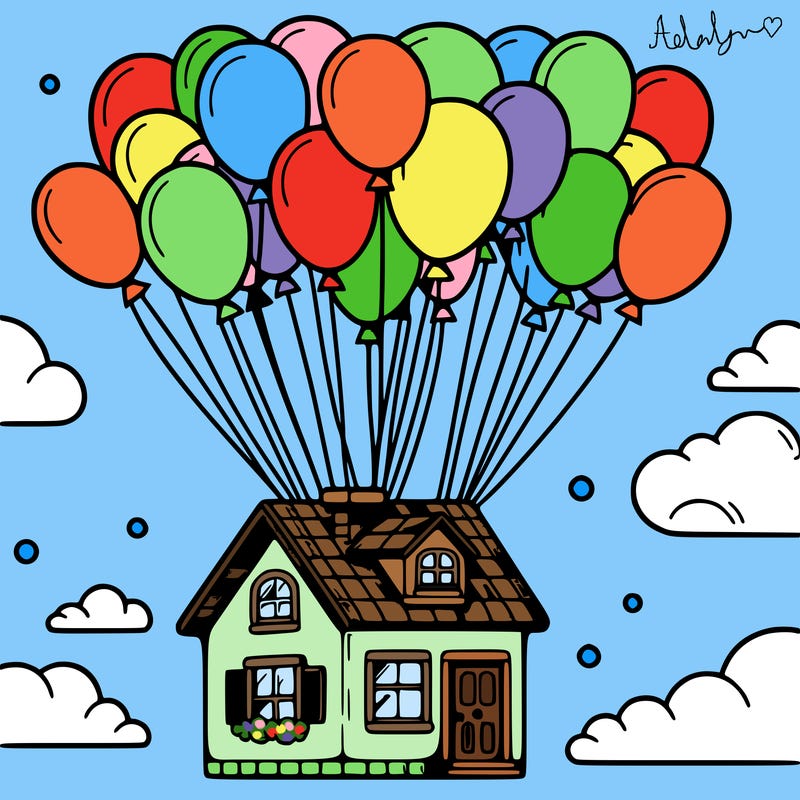 house floating from lots of balloons