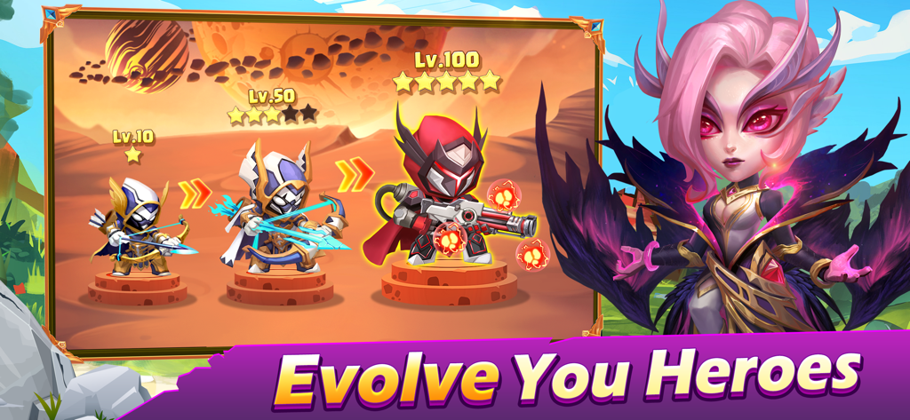 Hero evolution progression from level 10 to 100 in Taptap Heroes Idle RPG