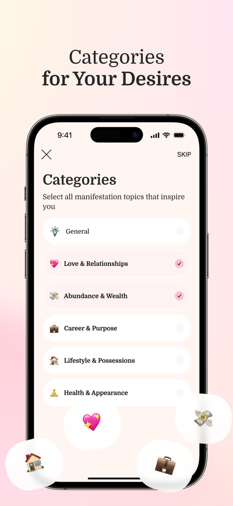 BecomeX: AI Vision Board - Mobile screen of BecomeX app showing various manifestation categories such as Love and Relationships or Abundance and Wealth for vision board personalization