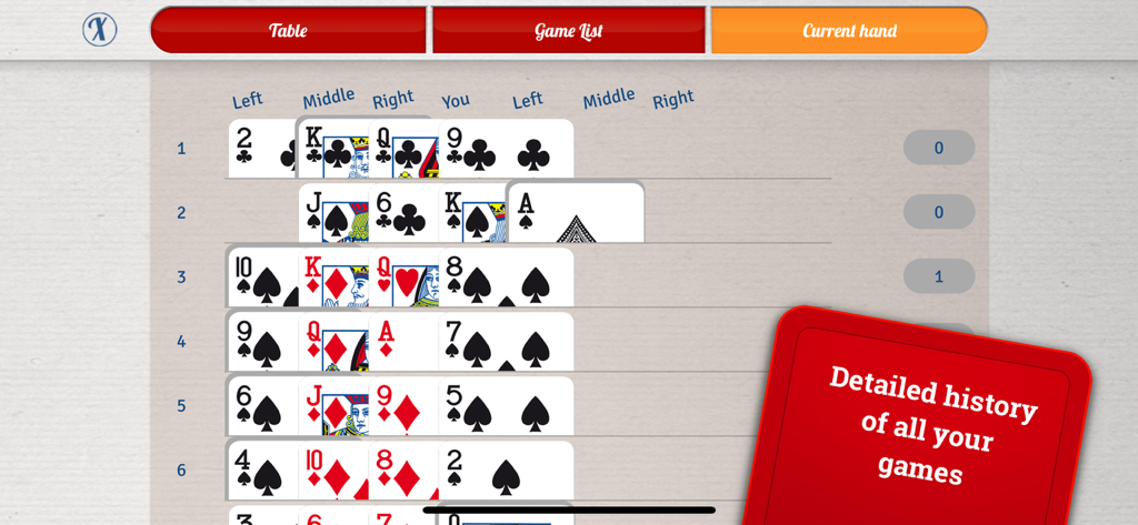A detailed history log of played cards in the Hearts XT mobile app.