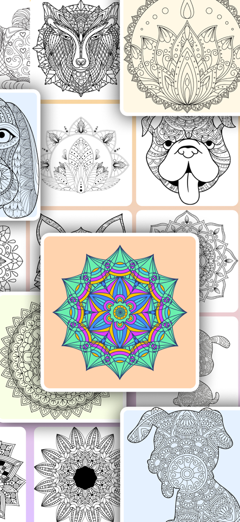 Mandalas paint & color relax - A collection of intricate mandala and animal coloring patterns including a vibrant finished design