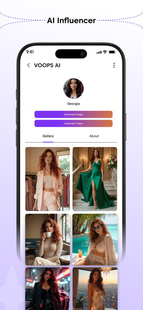 Voops AI:Image & Video Creator - Interfaz de la aplicación Voops AI que muestra un perfil de influencer virtual con una galería de fotos de estilo de vida generadas.