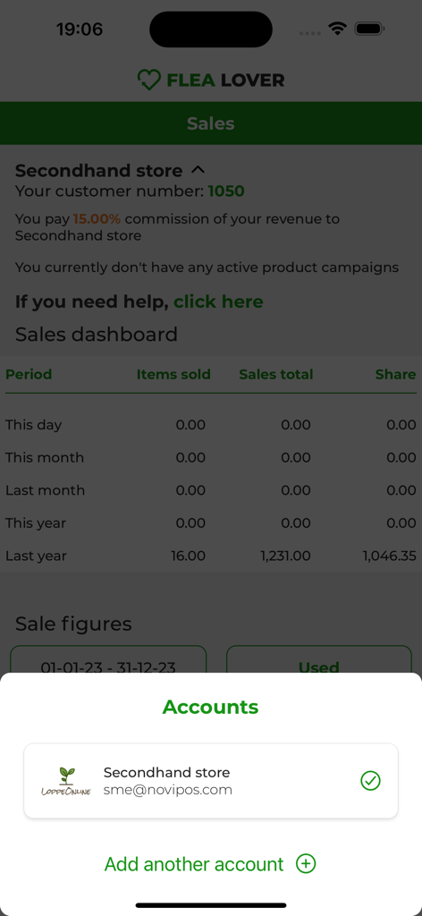 Flea Lover - A screenshot of the Flea Lover app showing a sales dashboard with historical totals and an overlay for managing multiple consignment store accounts.