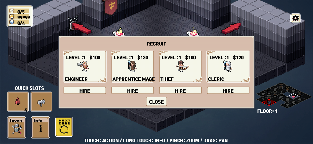 SFD : ROGUE TRPG - El menú de reclutamiento en SFD Rogue TRPG mostrando las clases de personajes disponibles como Aprendiz de Ingeniero, Mago, Ladrón y Clérigo en arte de píxeles isométrico