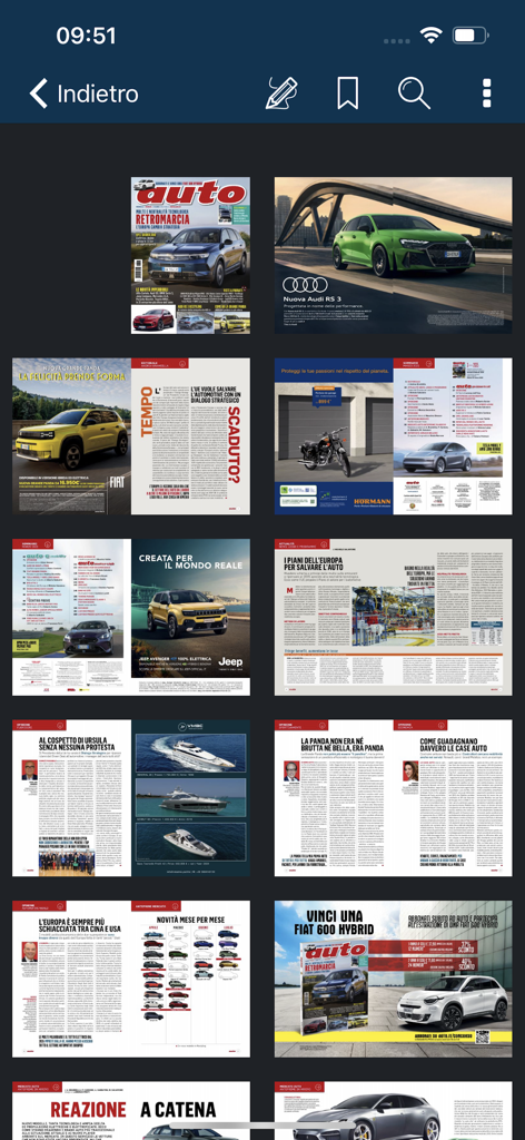 A grid display of various digital magazine pages from the Auto HD app showing car reviews and technical articles