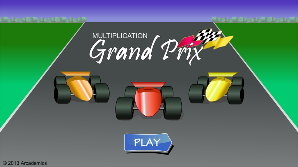 The start screen of the Grand Prix Multiplication educational game featuring three race cars on a track with a play button.