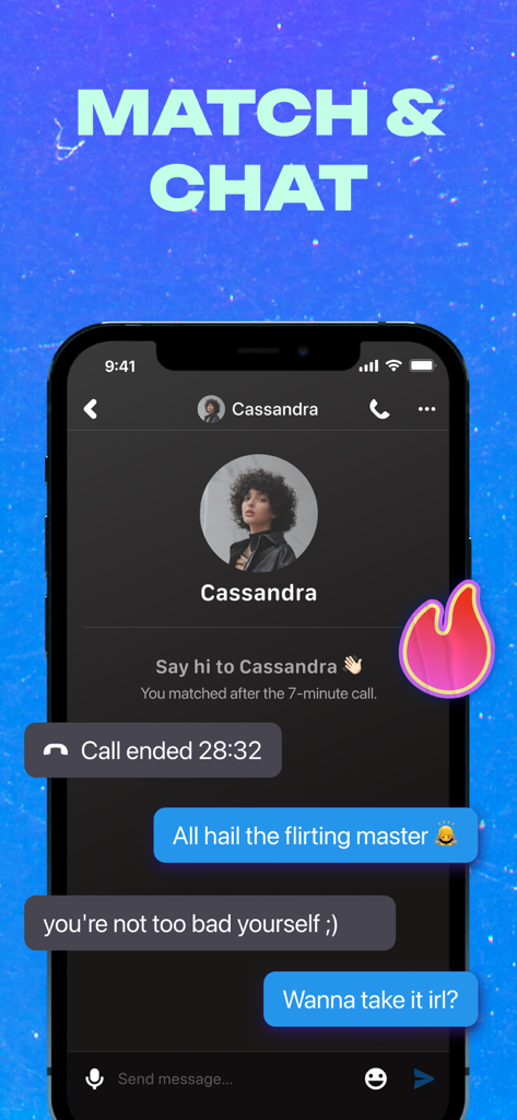 Interface de l'application de rencontre Goodnight affichant une conversation entre deux utilisateurs compatibles après un appel vocal.