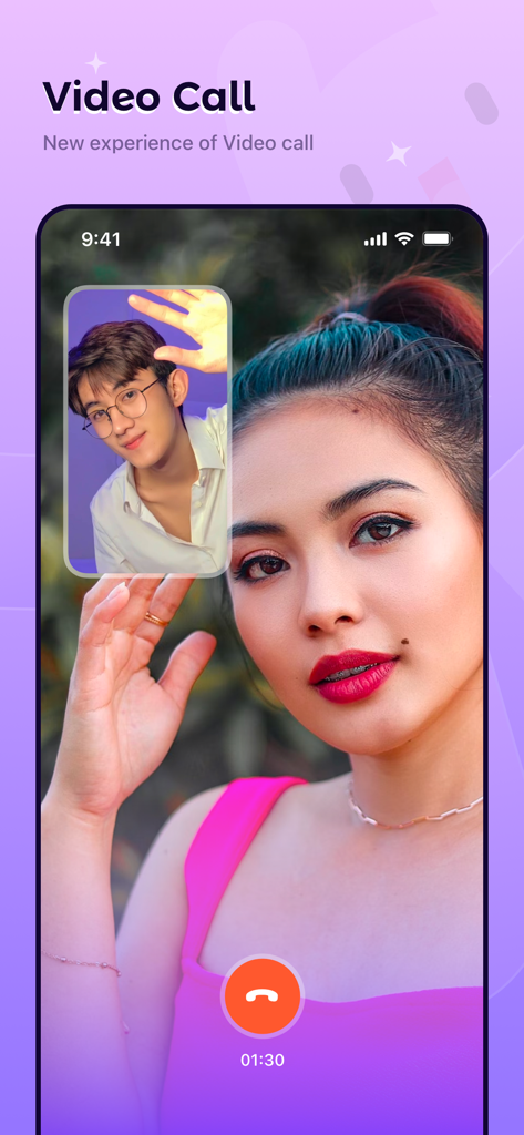 Uki - Amazing Online Chat App - Smartphone screen showing a live video call between two users on the Uki social app.