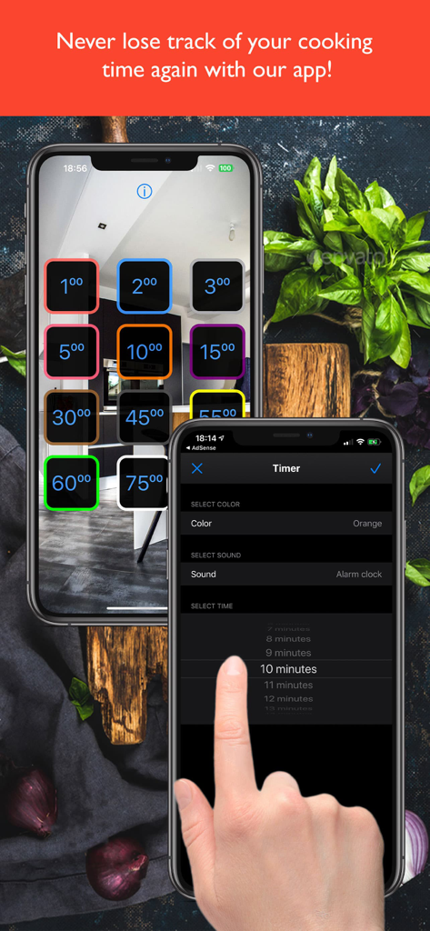 Kitchen timer with alarm - Dashboard of a kitchen timer app showing 12 simultaneous timers and a user setting a custom duration
