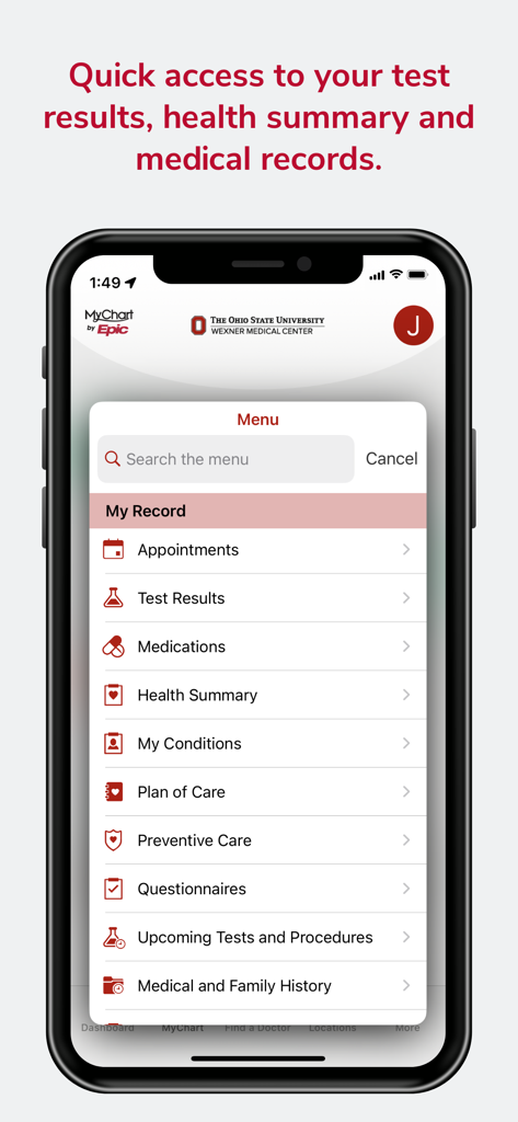 Menu screen of the Ohio State MyHealth app showing options for medical records test results and appointments