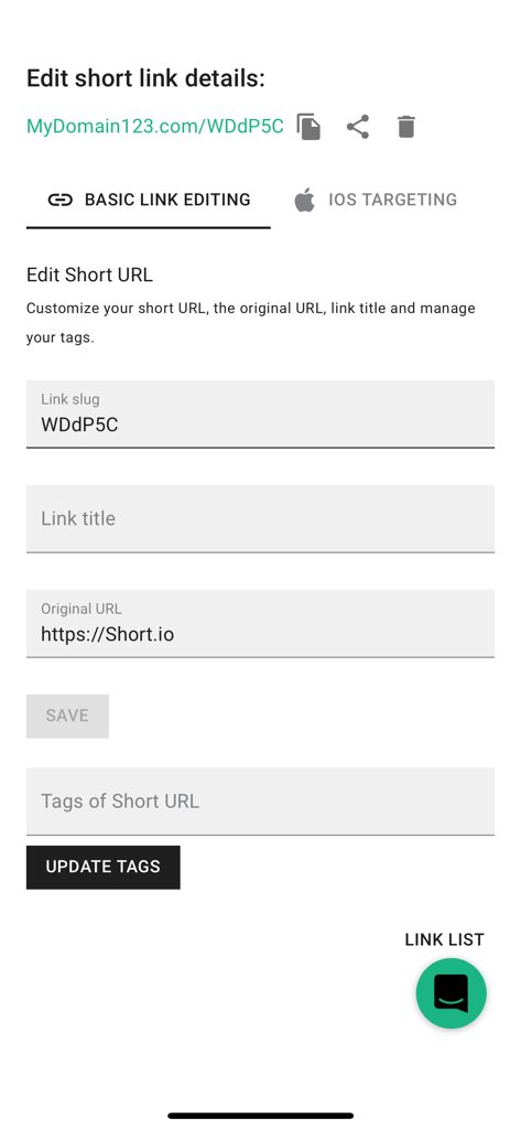 Short.io - Short.io app interface for editing short link details and branded URL customization