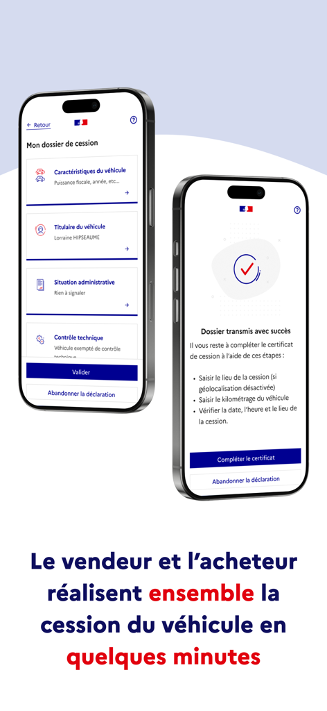 Simplimmat - Two smartphone screens showing the Simplimmat app for digital vehicle transfer and transaction success